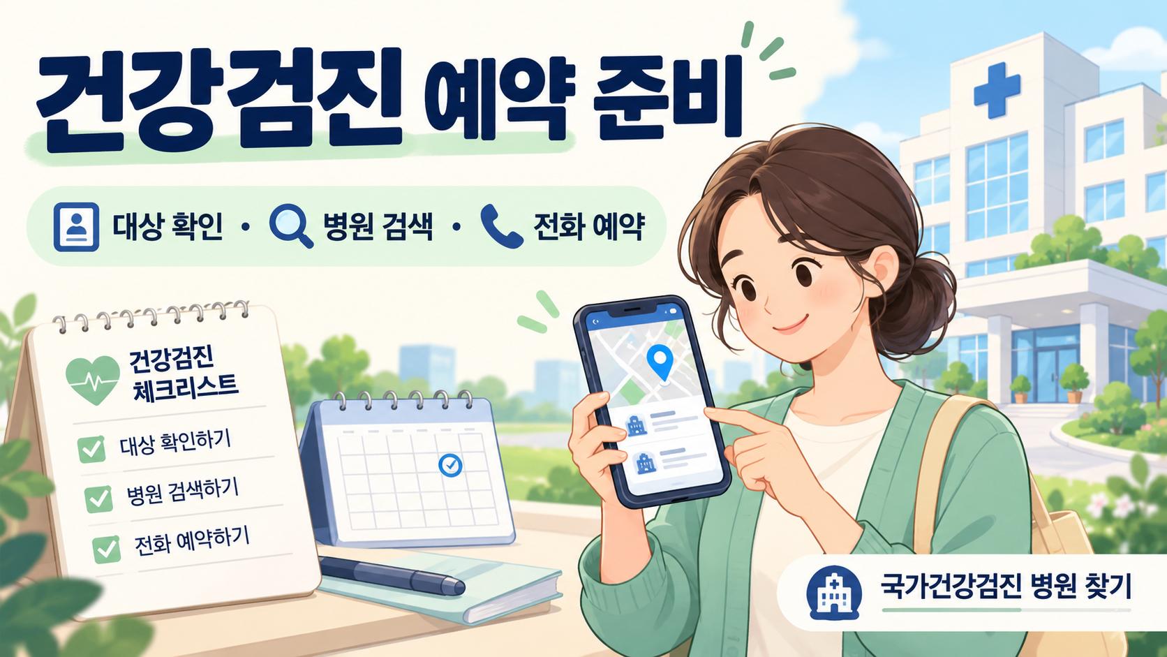 건강검진 대상 확인과 검진기관 검색, 전화 예약 준비를 설명하는 일러스트
